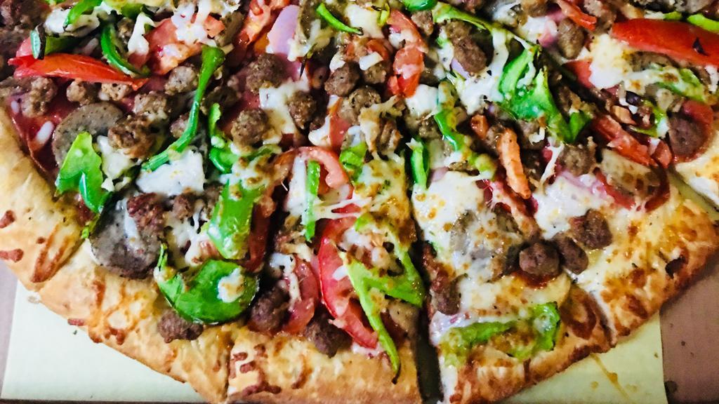 Supreme Pizza
 · Canadian Bacon, Pepperoni, , Red Onion, Mushrooms, Green Bell Peppers, Black Olives, Sausage, and extra Cheese.