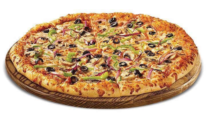Vegetarian Pizza · Red Onion, Mushrooms, Green Bell Peppers, Black Olives, and extra Cheese.