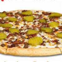 Queen Pastrami Pizza · Mustard sauce, Pastrami, Black Olives, Pickles, and extra Cheese