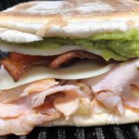 Turkey, Bacon, Avocado And Swiss · Mesquite turkey breast, bacon, avocado, swiss cheese, sliced roasted red pepper, mayo, on a ...