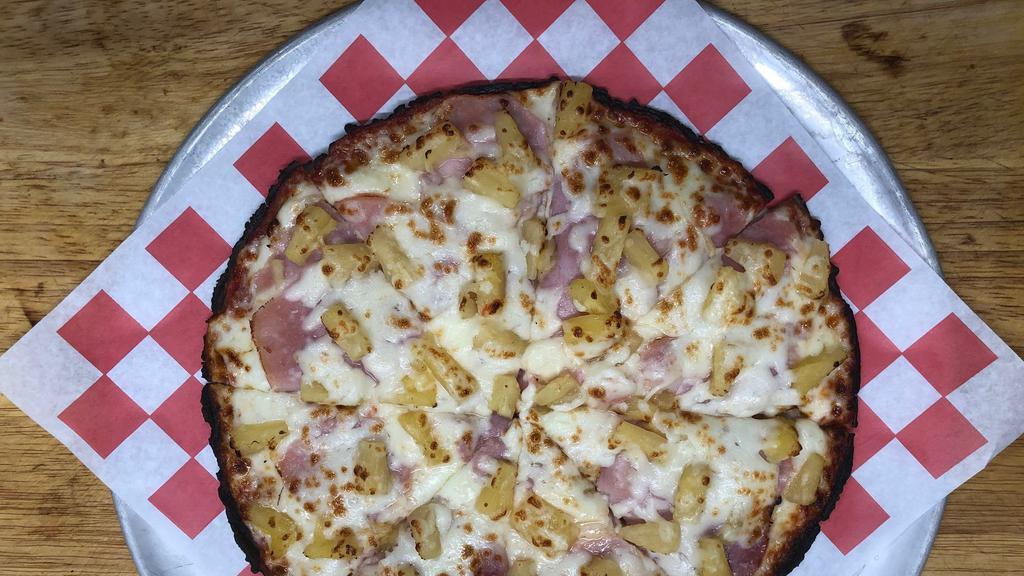 Hawaiian Pizza · Ham, pineapple, mozzarella cheese, red sauce.