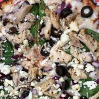 Greek Pizza · Chicken breast, mozzarella, feta, red onion, spinach leaves, olives, red sauce.