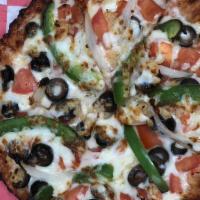 Vegetarian Pizza · Tomato, mushroom, olives, green bell pepper, garlic, onion, mozzarella, red sauce.