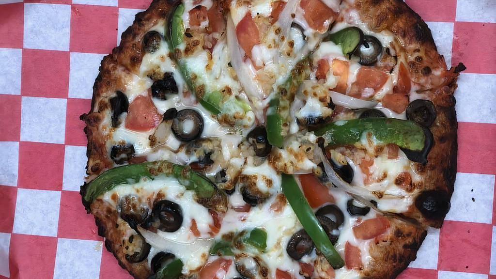 Vegetarian Pizza · Tomato, mushroom, olives, green bell pepper, garlic, onion, mozzarella, red sauce.