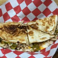 Pulled Pork Quesadilla · Smoked pork butt, three-cheese blend, spicy salsa Verde in a grilled flour tortilla with sou...