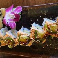 Drop It Like It'S Hot Roll · Shrimp tempura, avocado, cucumber, topped with spicy crab, jalapeño and eel sauce.