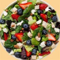 Summer Berry Salad · super greens blend, grilled chicken, strawberries, blueberries, feta, honey roasted pecans, ...
