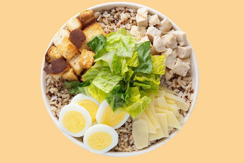 Grilled Chicken Caesar Warm Grain Bowl · Our Grilled Chicken Caesar Warm Grain Bowl starts with a Super Grains Blend. It is served with Grilled Chicken, Sliced Egg, Parmesan Cheese and Housemade Croutons. We recommend our Classic Caesar dressing.
