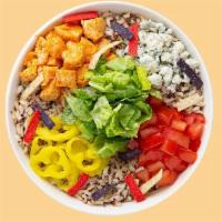 Buffalo Bleu Warm Grain Bowl · Our Chef starts with a base Super Grains Blend. It's served with Grilled Buffalo Chicken, Di...