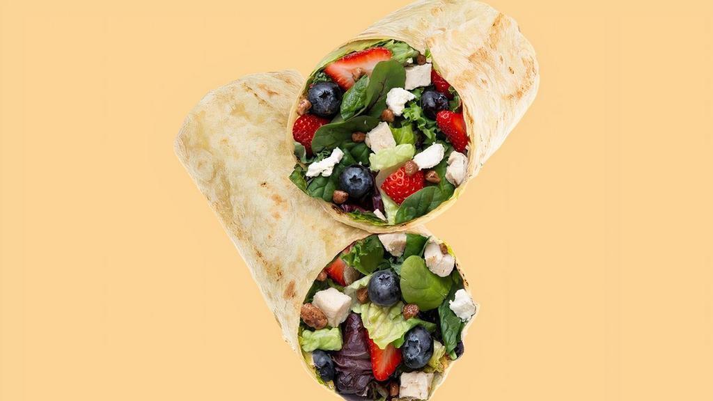 Summer Berry Wrap · super greens blend, grilled chicken, strawberries, blueberries, feta, honey roasted pecans, topped with balsamic vinaigrette.