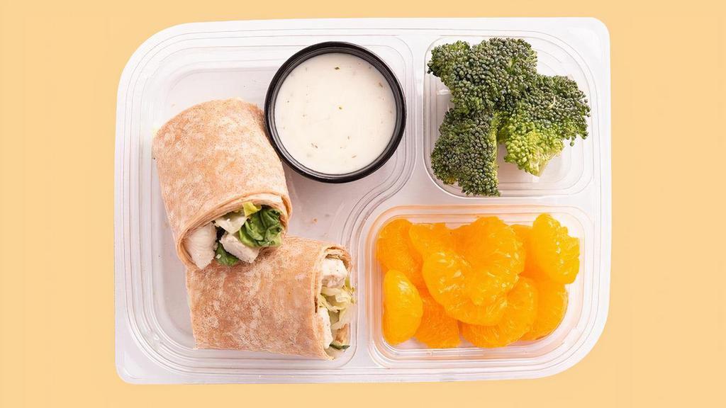 Kids Grilled Chicken Caesar Wrap · This timeless classic featuring Grilled Chicken in a half-wrap size is a favorite among kids. It is served with a choice of 1 Veggie and 1 Fruit, and a Dip or Dressing is served on the side. All Kids Works menu items are served with a Juice Box