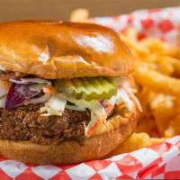 Beyond Burger · Made with beyond beef patty, coleslaw, pickles, onions, relish, and fries included.