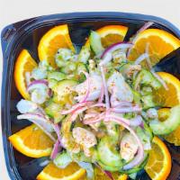 Aguachile Verde · diced shrimp cucumber, red onion, orange slices, all in a semi-spicy verde marinade. Served ...