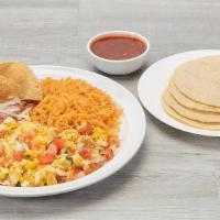 Huevos Rancheros Plate · 2 eggs Rancheros. Served with rice, refried beans, red or green salsa and corn tortillas.