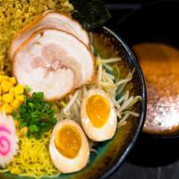 Curry Tsukemen · Dipping noodle, broth made of seven spices and herb with coconut milk. Topped with fried kan...