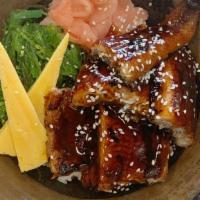Unagi Don · Grilled Eel over Rice, Sesame Seed, with Teriyaki Sauce and Wakami Salad, Pickle Ginger, Ses...