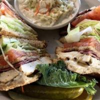 California Grilled Chicken Club · Grilled chicken breast with jack cheese, turkey bacon, avocado, lettuce and tomato on your c...