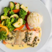 Salmon With Lemon Caper Sauce · Grilled salmon covered with our lemon caper sauce.