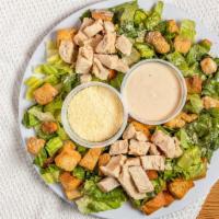 Caesar Salad · Hearts of romaine, grated parmesan cheese and Caesar dressing. Add garlic chicken for additi...