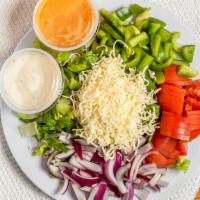 House Salad · Bell peppers, tomatoes and onion, mozzarella cheese with choice of Italian or ranch dressing.