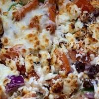 Greek Pizza · Eggplant calamata olives, bell peppers, tomato, feta cheese, red onions, mozzarella cheese a...