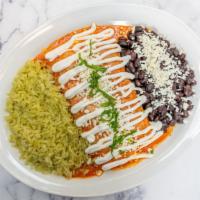Two Enchiladas · Gluten-Free. Green or Red Sauce. Filled with your choice of cheese or chicken. Covered with ...