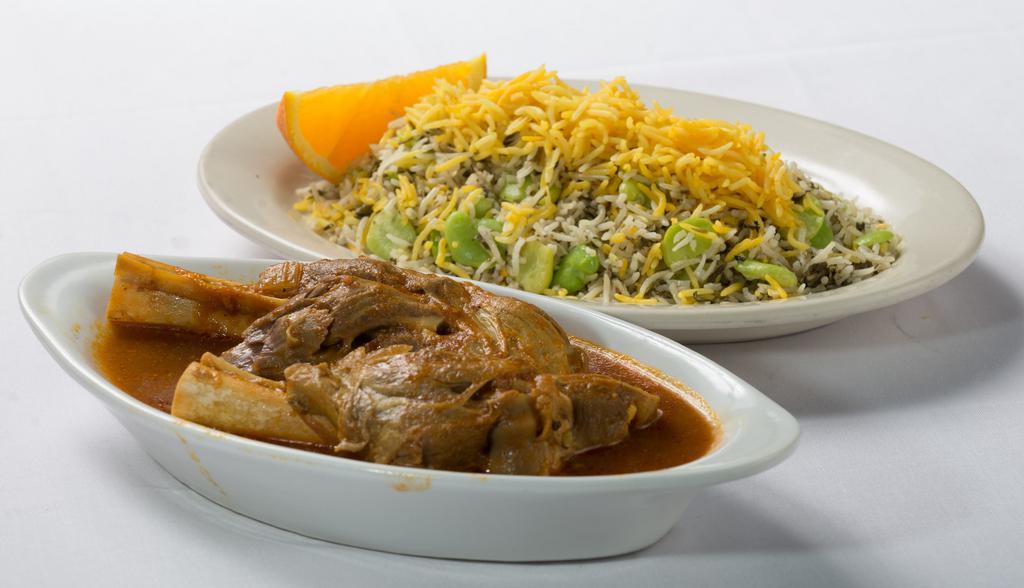 Lamb Shank · Seasoned baby spring lamb, cooked in a tomato base. Served with the special green rice of the day.
1 Shank