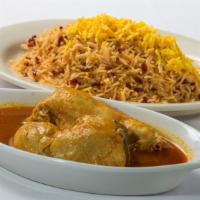 Zereshk Polo · Basmati & saffron rice with mixed in sweet and tangy barberries, served with ONE piece of se...