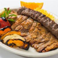 Beef Soltani Plate · Combination of one beef barg filet mignon kabob, and one beef koobideh skewer.