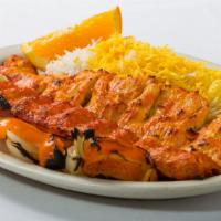 Boneless Chicken Soltani Plate · Combination of one Boneless Chicken Kabob skewer, and one Chicken Koobideh Kabob skewer