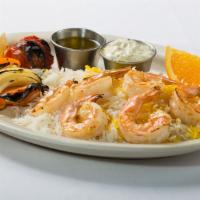 Jumbo Shrimp Kabob · Marinated jumbo shrimp that is charbroiled and served with white basmati & saffron rice.