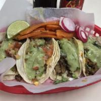 Super Taco · Comes with your choice of meat, onions, cilantro, salsa, guacamole, and sour cream.