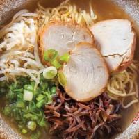 Chicken Ramen · Vegetable broth with chicken base topped with chicken chashu, green onions, bean sprouts, wo...