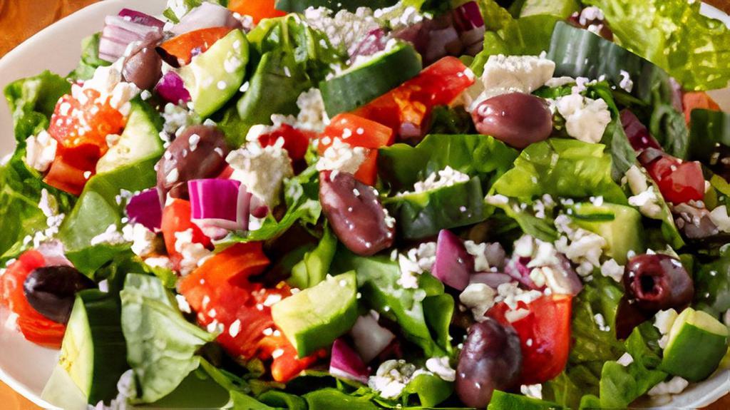 Mediterranean Salata · Diced tomatoes, cucumber, sweet red onions, Kalamata olives, and feta cheese over a bed of crisp romaine lettuce with our balsamic vinaigrette on the side.