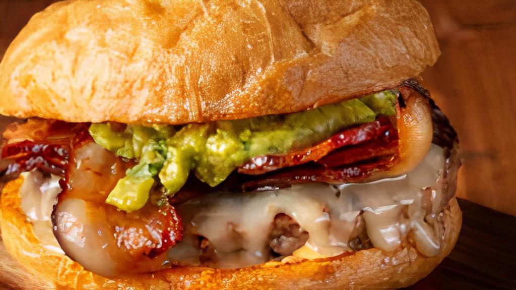 Brookfields Gourmet Guacamole Burger · Flavored with chipotle mayonnaise and topped with guacamole, bacon, and pepper jack cheese. (No Produce)