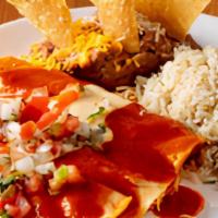 Chicken Enchiladas · Three hand-rolled chicken enchiladas topped with our ranchero and mornay sauce. It comes wit...