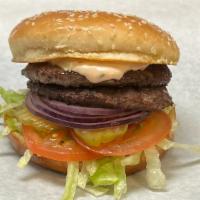Double (1/4 Lb) · Double burger with lettuce, tomato, pickle, onion, and house sauce