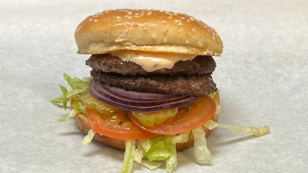 Double (1/4 Lb) · Double burger with lettuce, tomato, pickle, onion, and house sauce