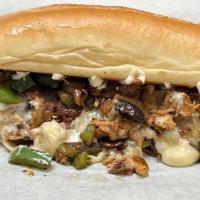 Chicken Philly Cheese Steak Amazing! · Chicken,  Cheese , Bell Peppers, Onions and Mushrooms on a Hoagie Sub Sandwich from local Ba...