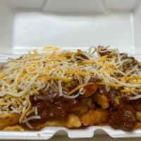 Chilli Cheese Fries · Deep fried crinkle cut potatoe fries topped with chilli and cheese