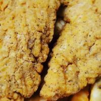 Chicken Strips (4) · 4 deep-fried breaded chicken strips includes fries