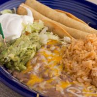 Taquitos · Four taquitos served with guacamole and sour cream. Choose chicken or shredded beef.