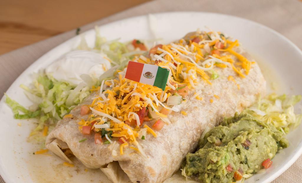 Burrito Mexico City · A huge burrito made with beans, rice and your choice of chile verde, shredded beef or chicken, topped with guacamole and sour cream.