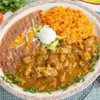 Chile Verde (Pork) · Pork cooked with green chile, onions, with rice, beans and sour cream