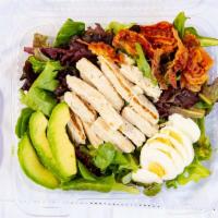 Cobb Salad · Grilled chicken breast, Boar's head bacon, avocado, boiled egg, choice of cheese and veggies.