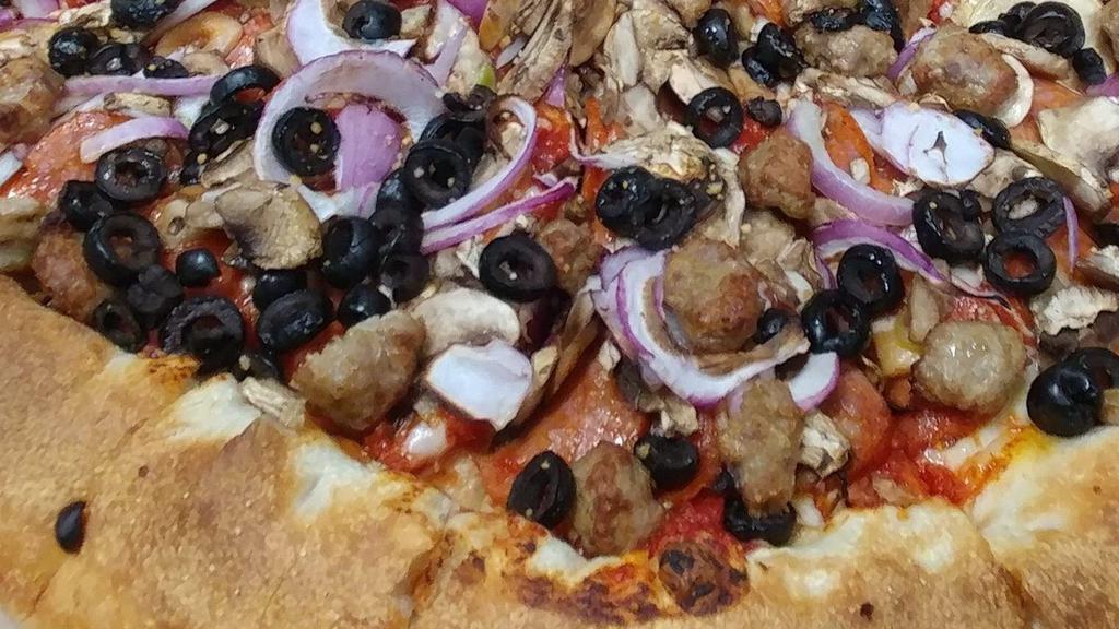 Godfather Pizza · Our homemade sauce and mozzarella cheese and topped with sundried tomatoes, mushrooms, tasty Italian sausage, red onions, and black olives.