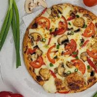 Chicken Garlic · Marinated chicken strips, green onions, mushrooms, roasted red peppers, and tomatoes over a ...