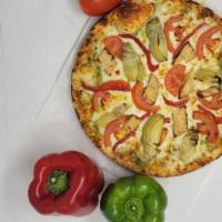 Pestorrriffic · Pesto sauce with mozzarella cheese, artichoke hearts, chicken strips, roasted red peppers, a...