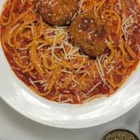 Spaghetti & Meatballs · Our homemade spaghetti in marinara with 2 meatball.