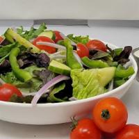 Garden Salads · Spring mix, romaine lettuce, cherry tomatoes, red onions, English Cucumbers and green bell p...